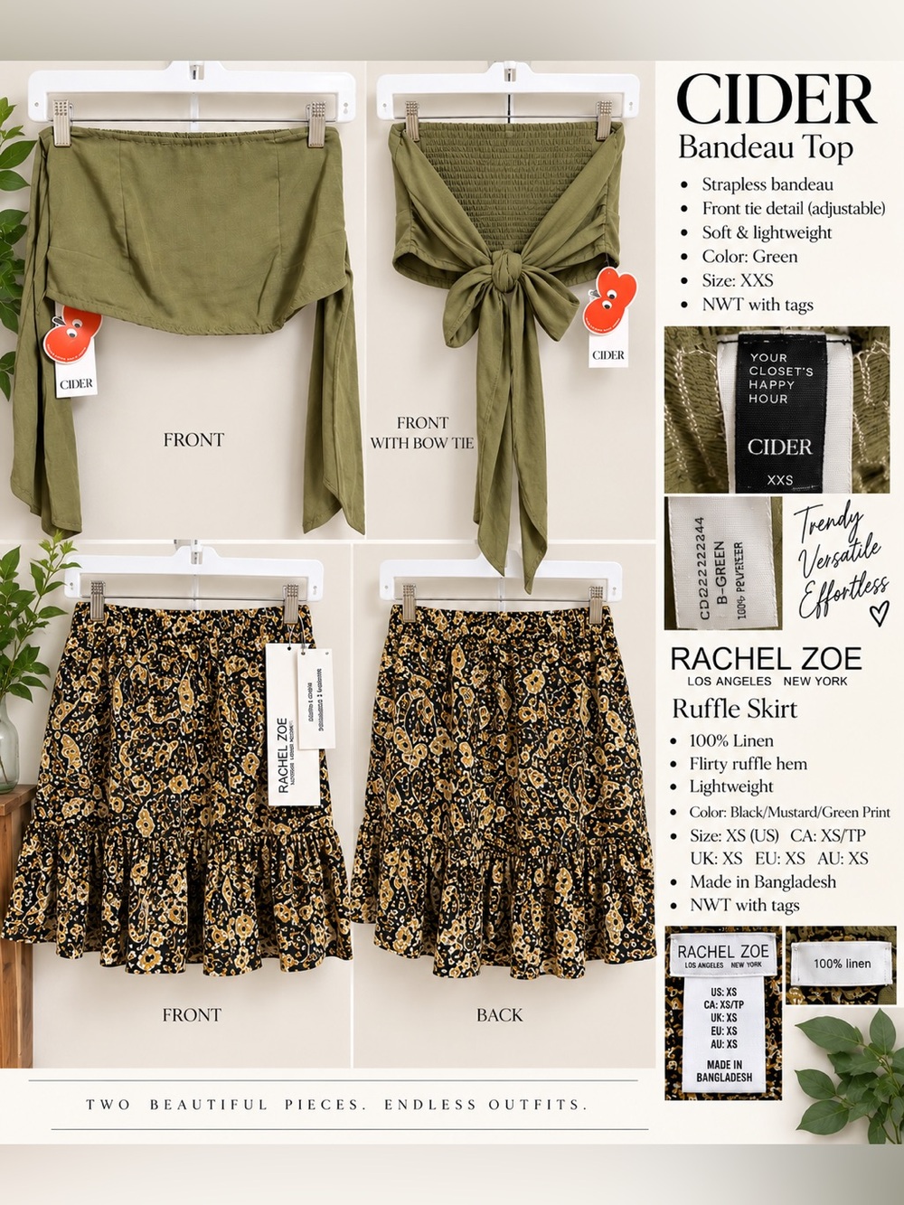 #62 NWT CIDER XXS Bandeau Tie Top & Rachel Zoe XS Linen Ruffle Skirt Set